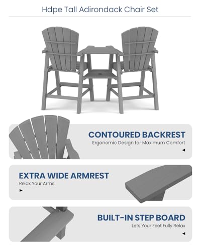 Ciokea Tall Adirondack Chairs Set of 2, HDPE Outdoor Adirondack Bar Stools with Double Connecting Tray, Weather Resistant High Back Adirondack Balcony Chairs for Deck, Lawn, Pool, Backyard, Grey