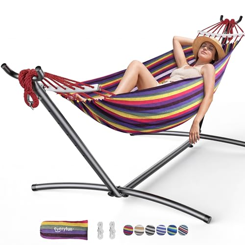 EveryFun Double Hammock with Heavy-Duty Steel Stand,Portable,Easy Assembly,600lbs Weight Capacity,Perfect for Indoor,Yard,Camping,or Outdoor-Rainbow