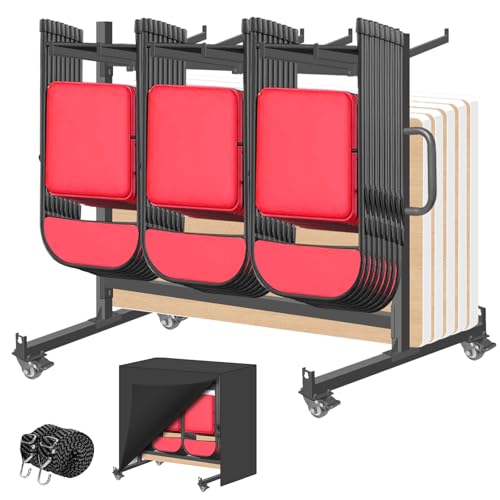 Folding Chair Rack & Cart – Heavy-Duty Folding Chair Storage Dolly with Lockable Wheels, Holds 42 Chairs or 12 Tables (550 lbs Capacity) – Includes Outdoor Weatherproof Cover and Bungee Cords
