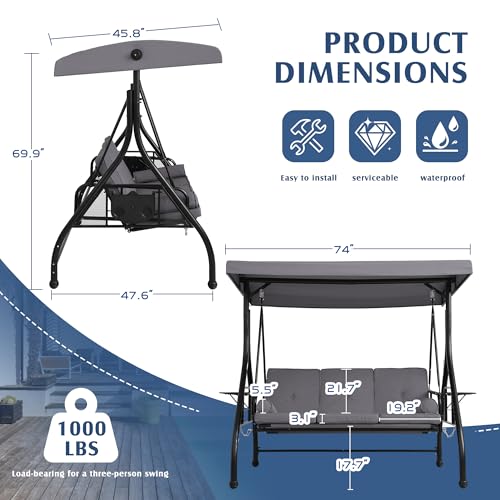 Grepatio Outdoor Porch Swing with Canopy and Stand, 3 Person Patio Swing for Adults, Convertible 2 in 1 Porch Bed Swing with Cup Holder, 3 Seat Swings with 2 Pillow Cushions for Garden, Yard (Grey)