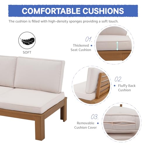 SUNSITT 6 Piece Acacia Wood Patio Furniture Outdoor Sectional Sofa Set with Adjustable Armrest, FSC Certified L-Shaped Patio Set w/2-in-1 Coffee Table, Cream White Cushions for Garden