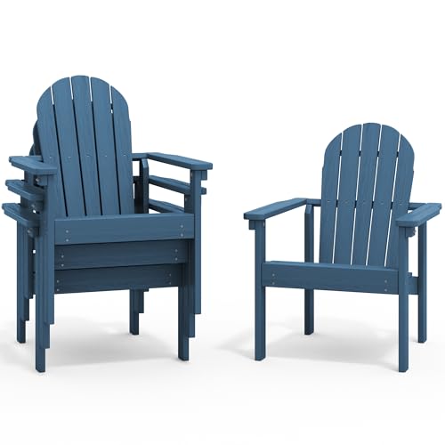 SERWALL Stackable Modern Adirondack Chairs Set of 4, HDPE Outdoor Patio Chairs with Space-Saving Design, All-Weather Fire Pit Chairs with Widened Seat for Deck, Backyard, Garden, Lawn (Blue)