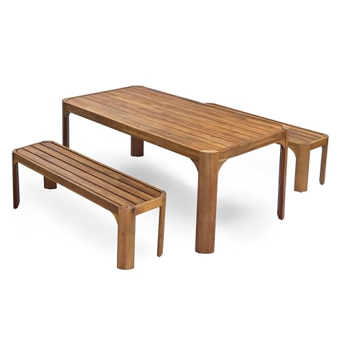 Christopher Knight Home Outdoor Dining Table Set with 2 Benches, 70" Acacia Wood Patio Table and Dual 57" Benches, Teak Finish Slatted Garden Furniture for Backyard Deck Seating 6-8 People