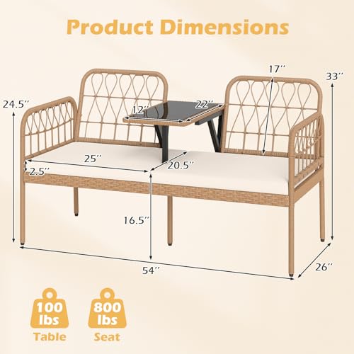 Tangkula Outdoor Loveseat with Built-in Coffee Table, Patio Wicker Conversation Sofa for 2 with Padded Cushion, for Lawn, Garden and Backyard (Off White)