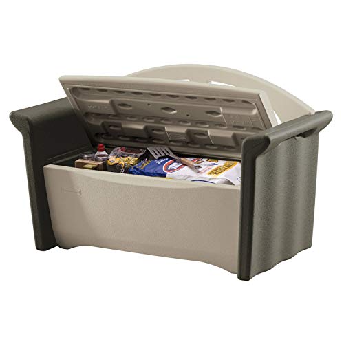 Rubbermaid Resin Outdoor Storage Bench (32 Gal), Weather Resistant, Brown/Grey, Deck Organization for Home/Backyard/Pool Chemicals/Toys/Garden Tools/Porch/Patio Cushions