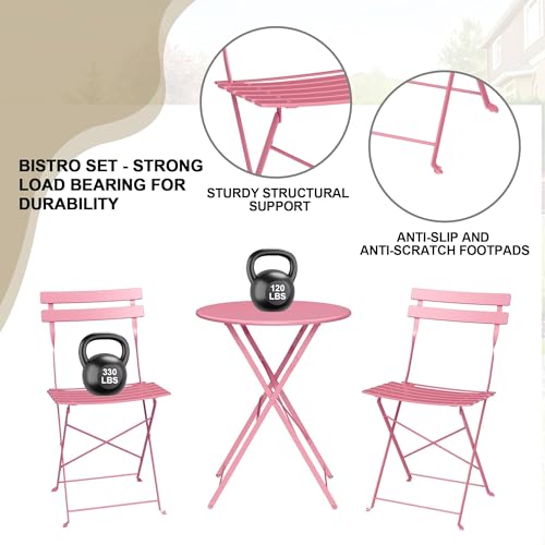 GarveeHome 3-Piece Foldable Bistro Set, Outdoor Patio Furniture with 2 Folding Chairs & 1 Table, Weather-Resistant Indoor/Outdoor Conversation Set for Patio, Garden, Balcony, Pink Flat Tube