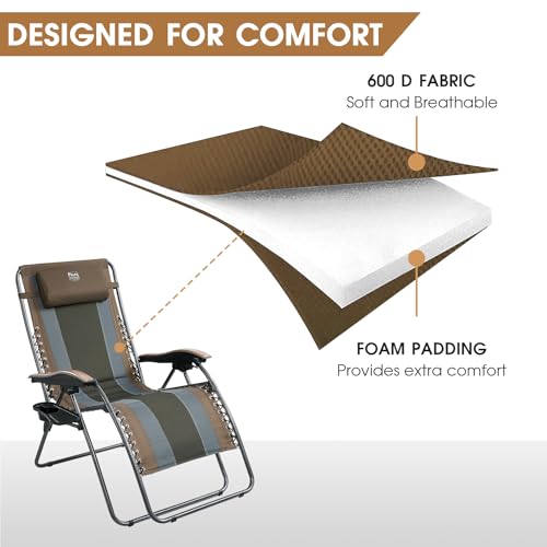 TIMBER RIDGE Outdoor Reclining Patio Padded with Adjustable Headrest and Cup Holder Foldable Zero Gravity Lawn Chair XL for Adults, Support up to 350 LBS, Brown,1 Count