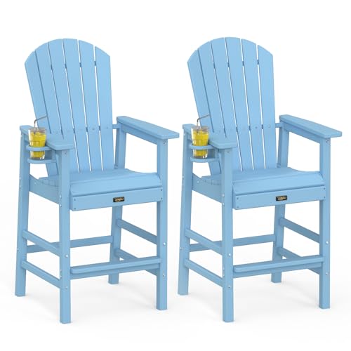 VINGLI Tall Adirondack Chairs Set of 2, All-Weather Plastic Adirondack Chair with Cup Holders, Heavy-Duty HDPE Outdoor Bar Stools for Patio, Balcony, Pool, Backyard (Blue, 2 PCS)