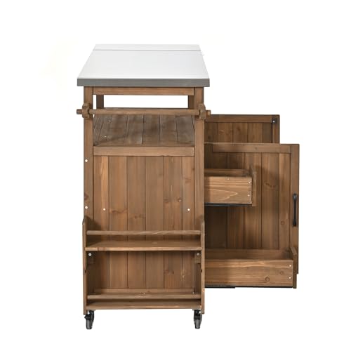 Christopher Knight Home Edsel Outdoor Bar Cart with Stainless Steel Top and Lockable Wheels, Solid Wood Outdoor Storage Cabinet, Kitchen Island Serving Cart for Poolside, Garden, Natural Brown+Silver