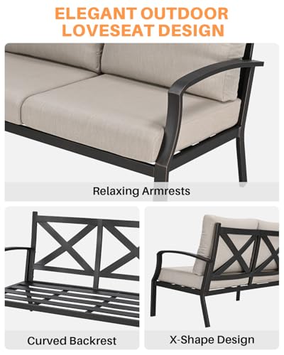 SEEHILL Never-Rust Aluminum Outdoor Loveseat, Modern Patio Loveseat Couch with Deep Seating, All-Weather 2-Seater Outdoor Patio Couch, Outdoor Club Sofa with Cushion for Balcony, Garden, Dark Bronze