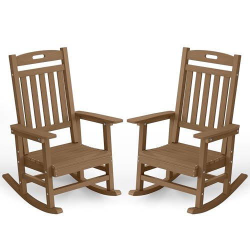 YEFU Outdoor Rocking Chairs Set of 2, Rocking Chairs Outdoor Weather Resistant, Porch Rocker Oversized, Patio Rocker Poly, for Lawn Garden, Heavy-Duty 350lbs(Teak)