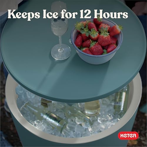 Keter Modern Cool Bar Outdoor Patio Furniture and Hot Tub Side Table with 7.5 Gallon Beer and Wine Cooler, Teal