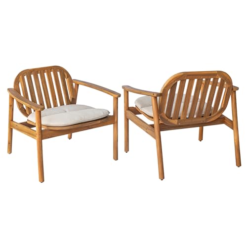 Christopher Knight Home Meja Acacia Wood Outdoor Club Chair Set of 2 with Cushion, Wooden Patio Accent Armchair, Comfy Lounge Chair Outdoor Set, Patio Furniture with Cushion, Teak+Beige
