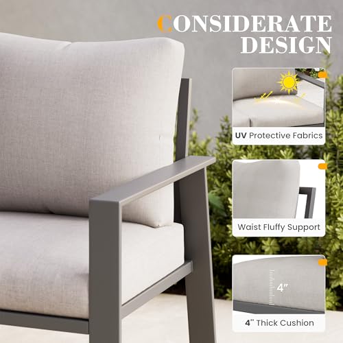 VONZOY Aluminum Outdoor Loveseat with Coffee Table Small Furniture Patio Love Seat Couch Outdoor Chairs with 4" Cushion Loveseats Sofa for Poolside,Balcony,Deck,Yard
