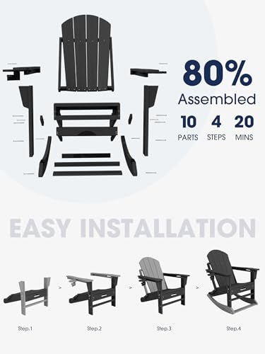 KINGYES Adirondack Rocking Chair with Retractable Ottoman and Cup Holders, HDPE Adirondack Rocker Patio Rocking Chair for Porch, Patio, Balcony, Black