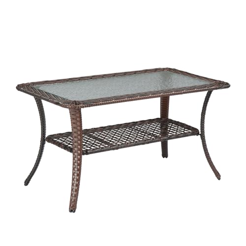 VINGLI Outdoor Coffee Table with Storage Wicker Patio Coffee Table, Tempered Glass Top Coffee Table for Patio Outside Balcony Porch Deck (Brown)