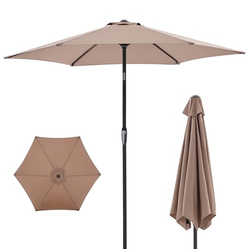 OLIXIS 7.5ft Patio Umbrella with Tilt and Crank Button & 6 Sturdy Ribs Waterproof, 7.5 Feet Patio Table Umbrella Sun Shade for Poolside, Terrace, Beach and Outdoor Restaurant, Khaki