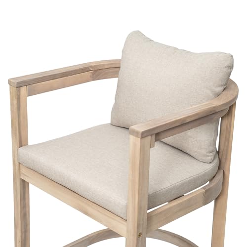 Christopher Knight Home Kuart Acacia Wood Outdoor Bar Stool Set of 4 with Cushion, Patio Armchair Set for Bar Table, Wooden Patio Counter Height Bar Stool with Footrest, Natural Washed+Beige