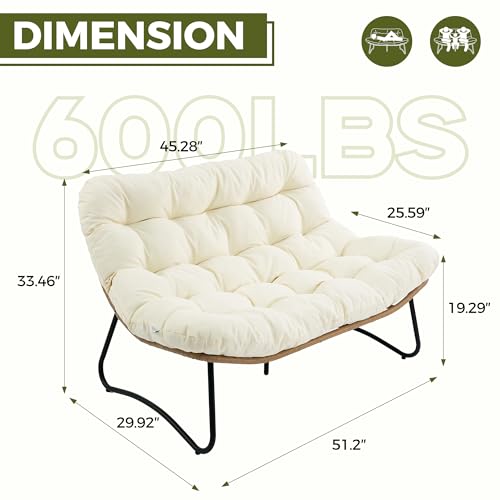 RADIATA Outdoor Patio Loveseat, Boho Lounge Couch with Comfy Thick Cushion, Durable Wicker Papasan Loveseat Furniture, 2 Person Small Balcony Couch for Apartment Porch Backyard Poolside, Beige