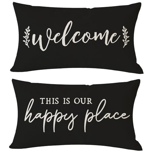 PANDICORN Farmhouse Throw Pillow Covers 12x20 Set of 2 Welcome This is Our Happy Place Black Outdoor Back Front Porch Patio Decorations Lumbar Decorative Throw Pillows Cases for Home Couch Bench Decor