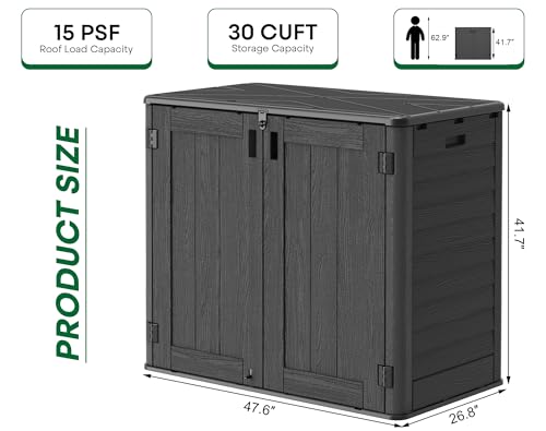 IWDOO Outdoor Storage Shed, 30 Cu Ft Waterproof Horizontal Resin Storage Cabinet, Weather-Resistant Garden Shed Trash Can Storage with Pad-Lockable Doors for Backyards (Black)
