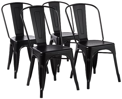 Amazon Basics Metal Dining Chairs, Easy to Assemble, Indoor/Outdoor, Stackable, Matte Black, 4-Pack
