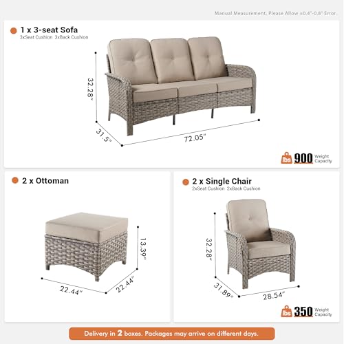 POUUIN 5-Piece Outdoor Patio Furniture Set,All Weather Wicker Rattan Patio Seating Sofa and Chair Set with Ottomans,Outdoor Conversation Sets with 3 Seater Couch for Porch Deck Yard,Beige