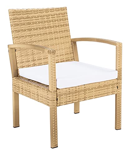 SAFAVIEH Outdoor - Bassey 4-Piece Conversation Set - Natural & White - Steel Frame with Cushion - Tropical Resort Woven Design with Glass Top Table - Ideal for Patio, Deck, Porch, Backyard (PAT7507D)