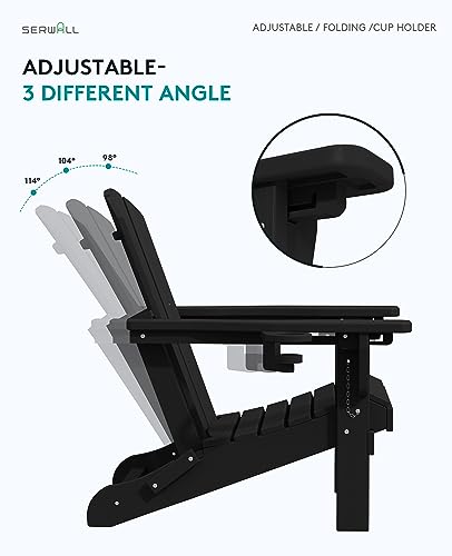 SERWALL Folding Adirondack Chair Set of 6, Adjustable Adirondack Chair with 3 Recline Positions, All Weather HDPE Outdoor Adirondack with Cup Holders, Black