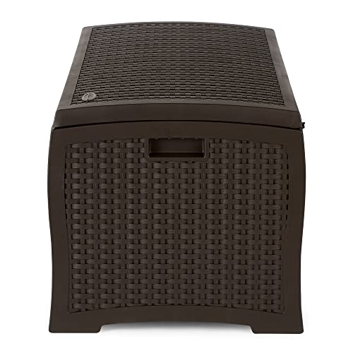 Suncast Outdoor Storage Box - 73 Gallon Mocha Brown Deck Box for Patio, weather-resistant Outdoor Storage Bench, Resin Wicker Style, Heavy-Duty, Lockable Lid for Cushions, Shoes, Pool & Garden Gear