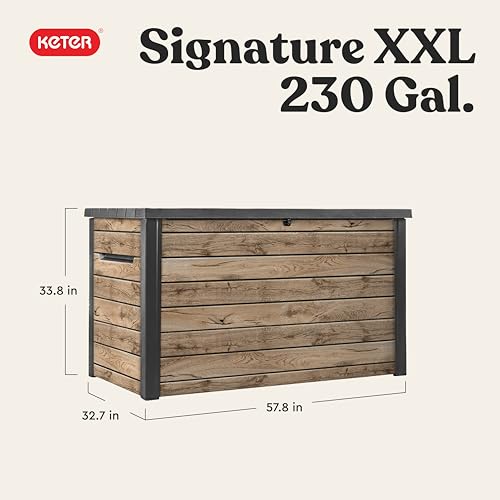 Keter Signature Collection 230 Gallon Resin Deck Box Organization and Storage Box for Patio Outdoor Cushions, Throw Pillows, Garden Tools and Pool Supplies, Pine