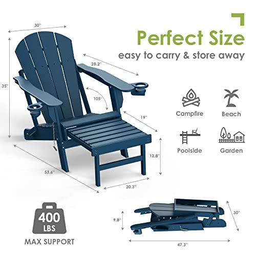 GREENVINES Adirondack-Chairs-with-Ottoman | Set of 2 | Folding | Retractable-Footrest | HDPE Plastic | All Weather Fire Pit Chair | Cup Holders | Blue | for Outdoor Poolside