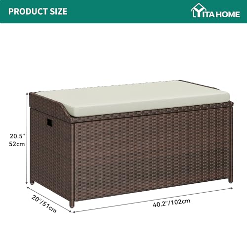 YITAHOME Outdoor Storage Bench, 70 Gallon PE Rattan Patio Storage Bench w/Handles and Soft Cushion,Outdoor Storage Box for Patio, Yard, Lawn, Garden