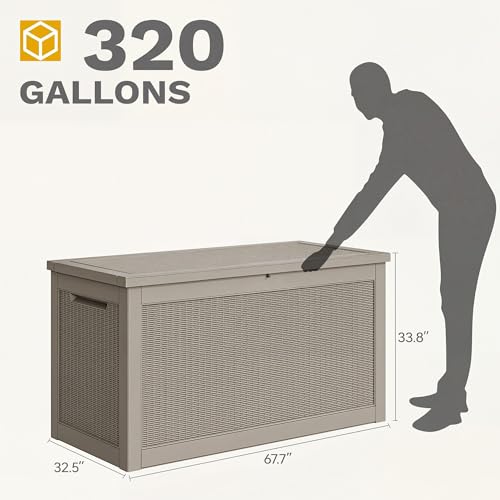 DWVO 320 Gallon Resin Outdoor Storage Box, XXL Large Waterproof Deck Box, Doubles as Table or Seating with 1000 lbs Capacity, Lockable (Brown)