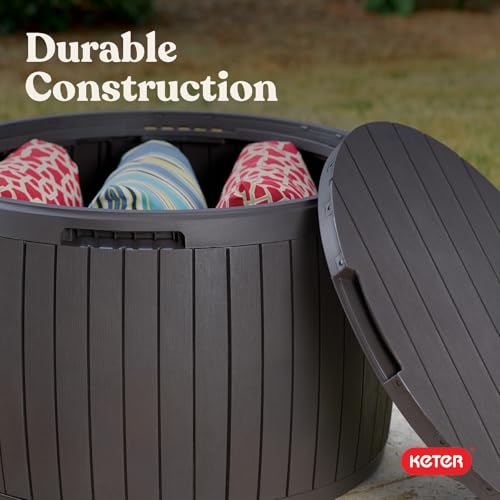 Keter Circa 37 Gallon Deck Box Organizer, Works as Ottoman Chair or Side Table, Brown – Large Resin Round Outdoor Storage and Seating for Garden, Pool, and Patio