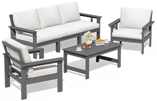 SERWALL HDPE Patio Conversation Set, 6-piece Sectional Outdoor Furniture Set, All Weather Outdoor Couch Set Patio Furniture Set for Deck, Lawn, Grey Frame with Khaki Cushion