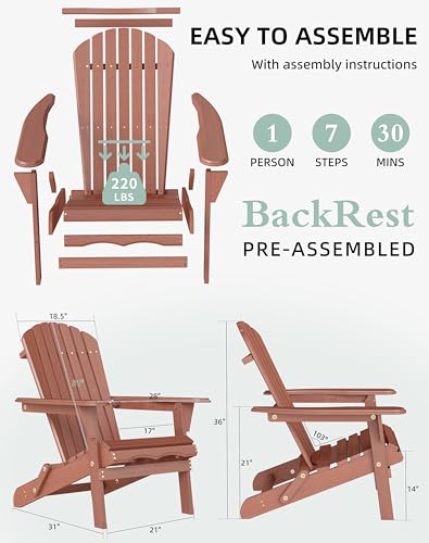 Wooden Folding Adirondack Chair Set of 2, Half Pre-Assembled Wood Lounge Chair for Outdoor Patio Garden Lawn Backyard Deck Pool Beach Firepit