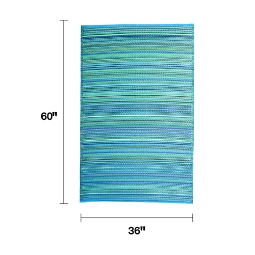 Fab Habitat Outdoor Rug - Waterproof, Fade Resistant, Crease-Free - Premium Recycled Plastic - Striped - Porch, Deck, Balcony, Laundry Room, Patio - Cancun - Turquoise & Moss Green - 3 x 5 ft