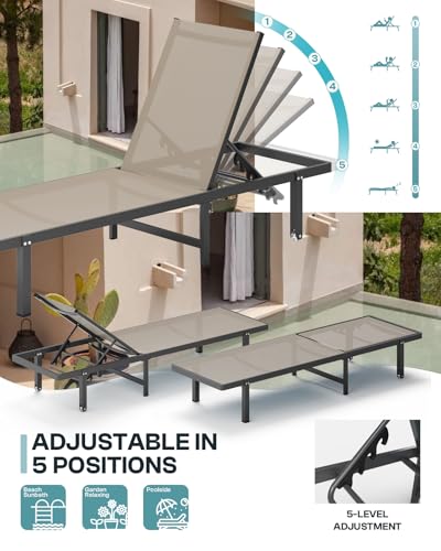 Oasbira Chaise Lounge Outdoor, Aluminum Pool Lounge Chairs with Wheels, 5 Adjustable Backrest - Easy to Move- Outdoor Lounge Chairs for Deck, Beach, Poolside (Khaki)