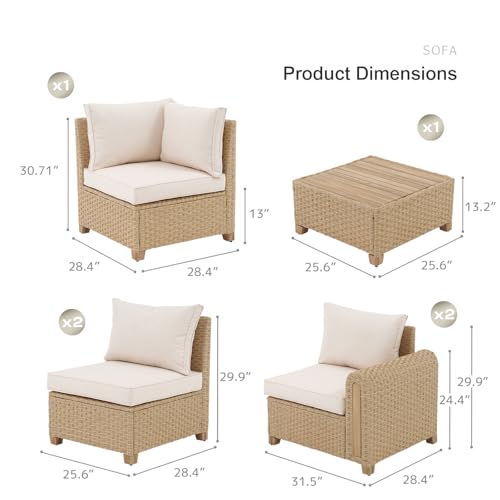 SUNSITT 6-Piece Patio Furniture Set, Outdoor Wicker & Acacia Wood Sectional Sofa Set, Patio Modular Design Conversation Sets with Coffee Table & Thick Comfy Cushion for Porch, Garden, Natural Color