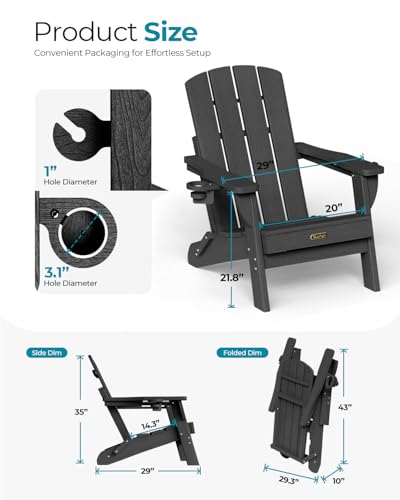 SUUNYN Folding Adirondack Chair, HDPE All-Weather Fire Pit Chairs, Plastic Adirondack Chairs with 2 Cup Holder, Outdoor Lawn Chair for Patio Garden (Black)
