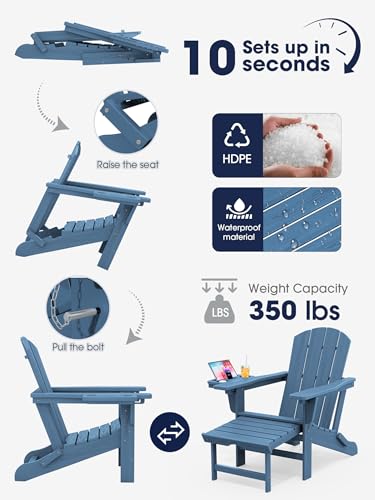 KINGYES Adjustable Folding Adirondack Chair with Footrest & 4-in-1 Multi-Functional Armrest Organizer, HDPE Foldable Recliner Adirondack Chair with Pull-Out Ottoman, Blue