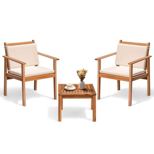 Greesum Outdoor Patio Furniture, 3 Piece Bistro Sofa Set with 1 Coffee Table and 2 Chairs, Acacia Wood Conversation Sets with Cushions, for Garden, Backyard, Poolside, White