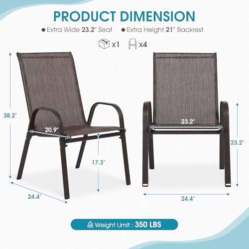 Villeston 24.4" Wide Outdoor Stackable Chairs Set of 4, Stacking Patio Chairs with Textilene Fabric, Outside Furniture for Garden Backyard Balconie Poolside Deck, Brown