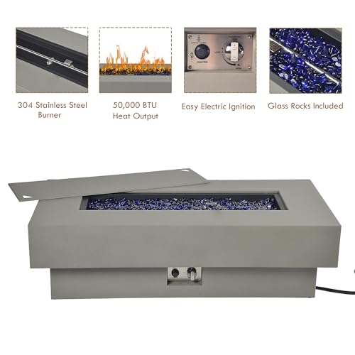 48-inch Fire Table with Natural Gas Conversion Kit, 50,000BTU Outdoor Modern Patio Fire Pit Table w/Rectangular Burner Lid, Glass Rocks, Cover