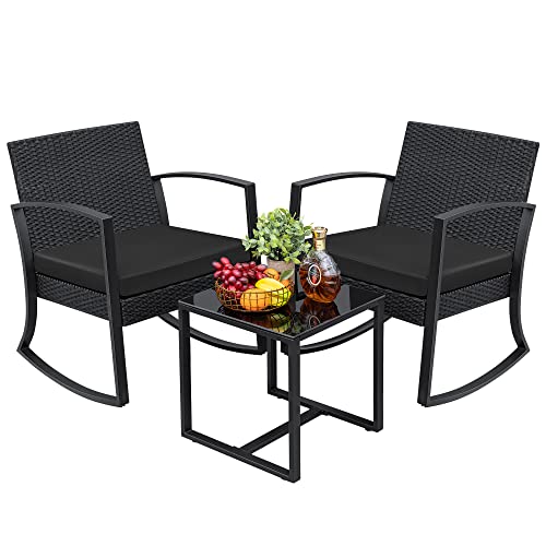 Greesum 3 Pieces Outdoor Furniture Set Patio Bistro Rocking Chairs with Glass Coffee Table for Pool Beach Backyard Balcony Porch Deck Garden, Dark Black