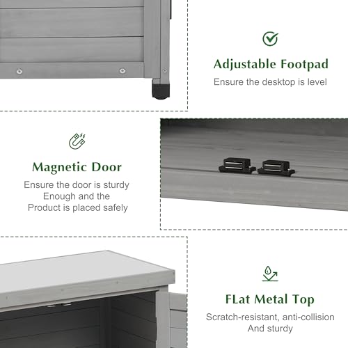 Outdoor Storage Cabinet & Potting Bench Table with Metal Top, Wooden Patio Furniture, Garden Workstation (Classic Grey, 36x31x17in)