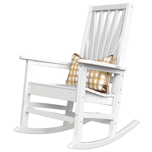 DWVO Outdoor Rocking Chair, Patio Rocker with Windsor Backrest & Wide Armrests, HDPE Patio Chair, 30° Rocking Motion, Outdoor Rocker for Porch, Balcony, Garden Seating, White