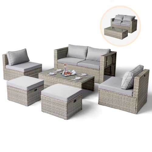 VINGLI 6 Pieces Wicker Patio Furniture Set, Outdoor Sectional Furniture Patio Conversation Set Space-Saving Design with Ottomans and Coffee Table for Garden,Poolside, Backyard(Grey)