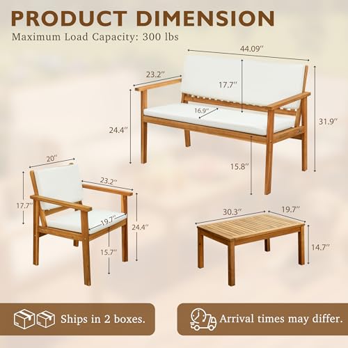 Devoko Patio Furniture 4 Piece Acacia Wood Outdoor Conversation Sofa Set with Table & Cushions Porch Chairs for Garden, Deck, Backyard, Natural